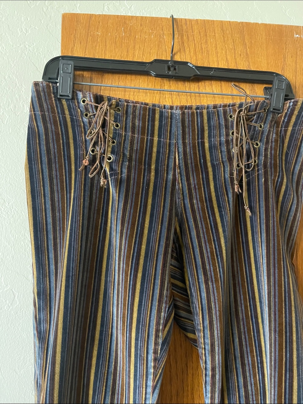 Bebe Vintage Striped Lace-Up Flared Pants - Navy, Brown, Tan size 4 - Picture 2 of 10